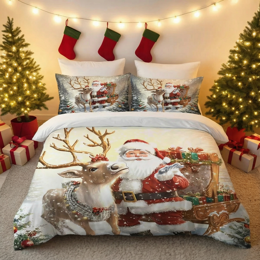 Santa Claus Bedding Set 3PCS Ultra-Soft, Coreless Machine Washable Holiday Special