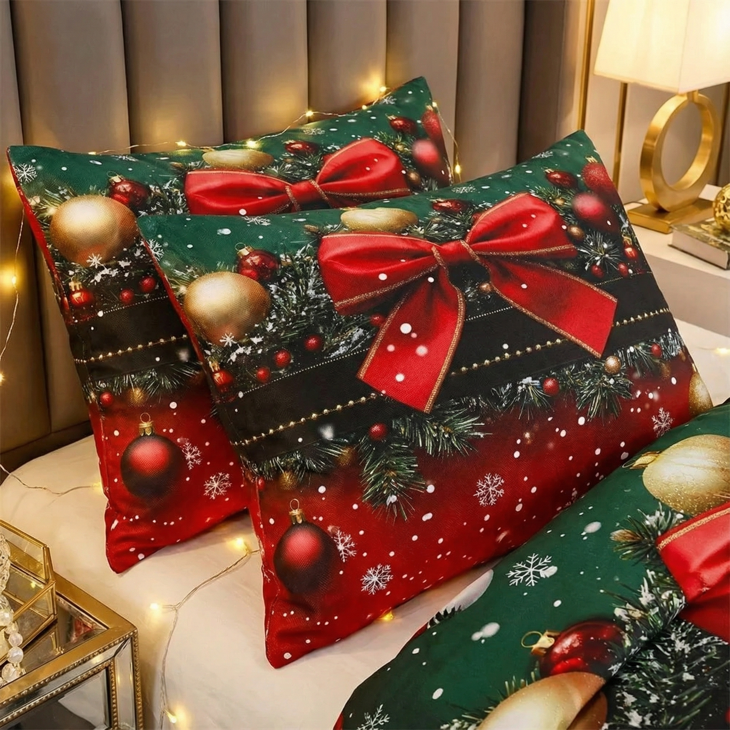 Christmas Bedding Set Green & Red Bow Print Cozy Duvet Cover in All Sizes