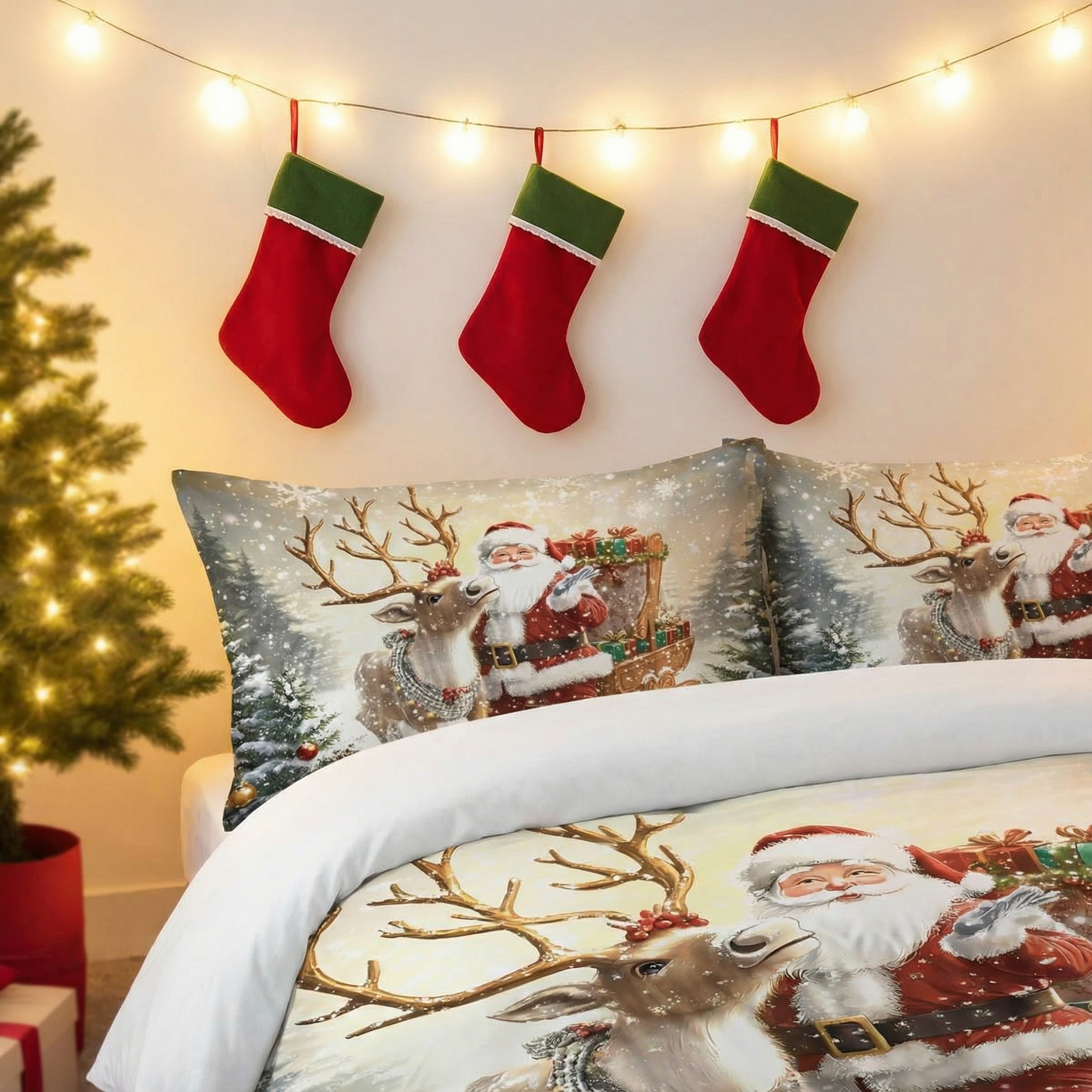 Santa Claus Bedding Set 3PCS Ultra-Soft, Coreless Machine Washable Holiday Special