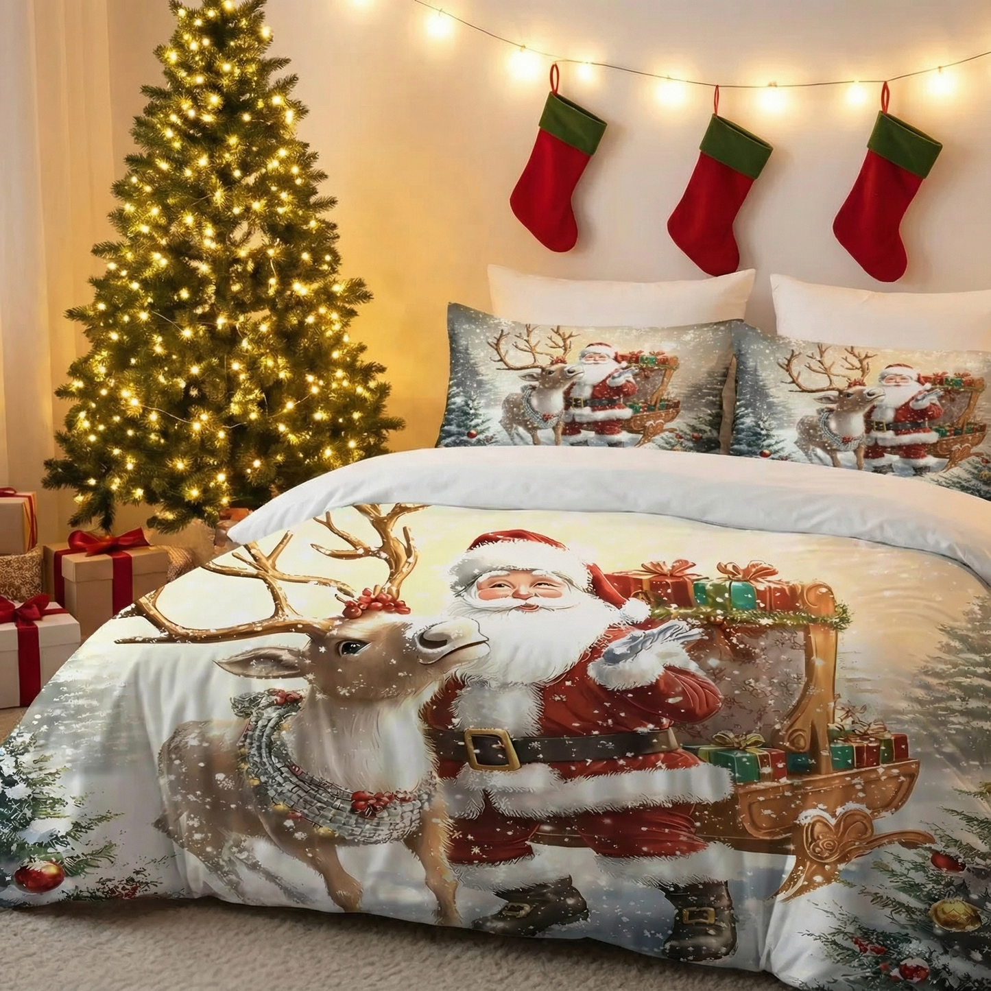 Santa Claus Bedding Set 3PCS Ultra-Soft, Coreless Machine Washable Holiday Special