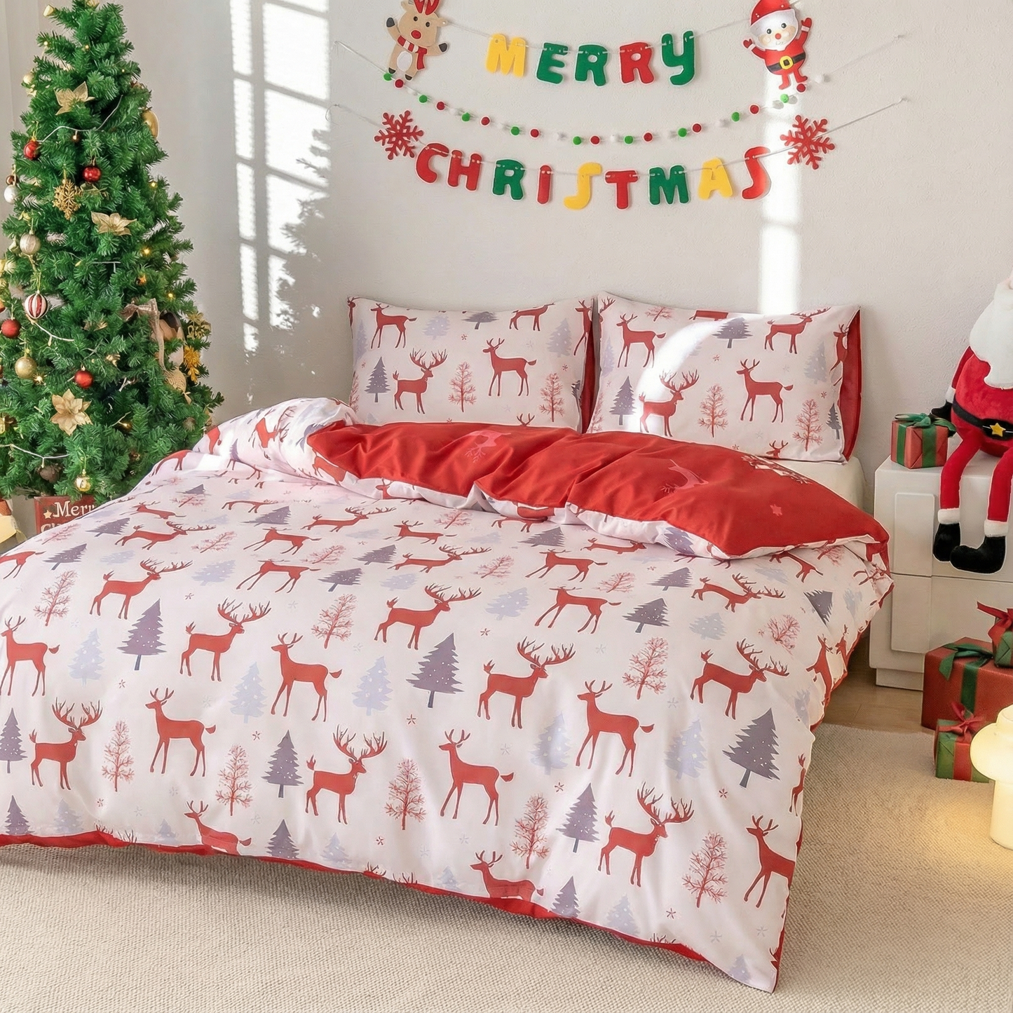 Skin Friendly Christmas Bedding Reindeer & Snowman 3PCS Duvet Cover Set