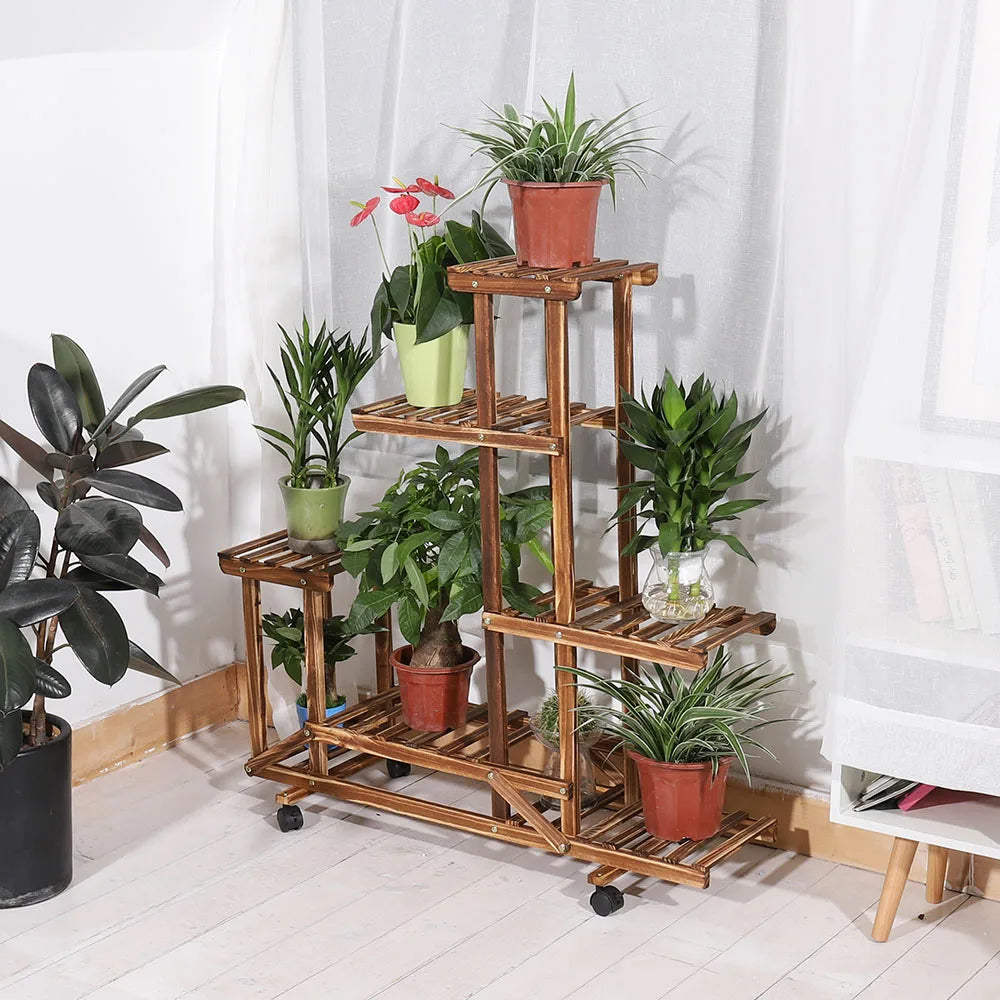 Multi-Layer Wooden Plant Rack with Wheels