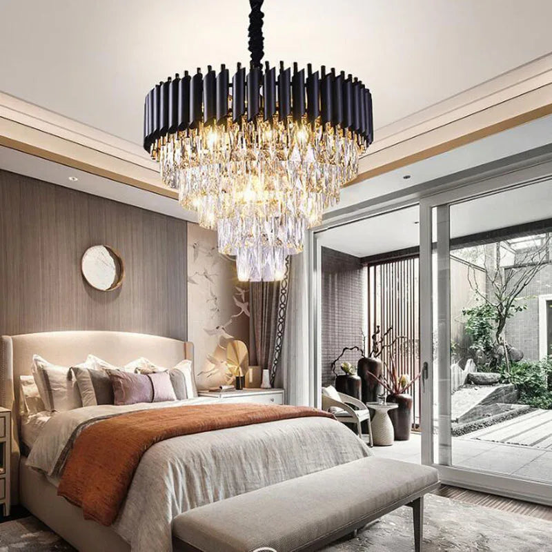 Modern Gold & Black Crystal Chandelier LED Pendant Light for Living Room & Hotel Elegance