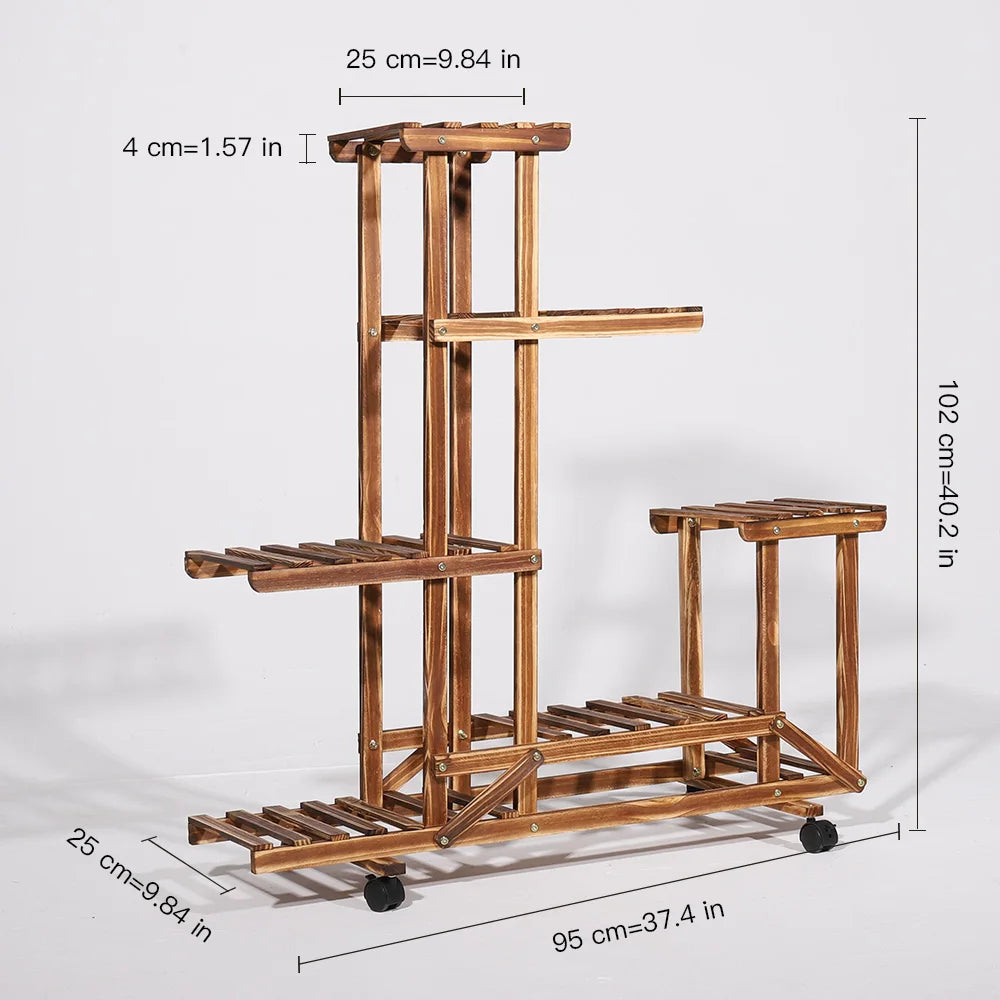 Multi-Layer Wooden Plant Rack with Wheels