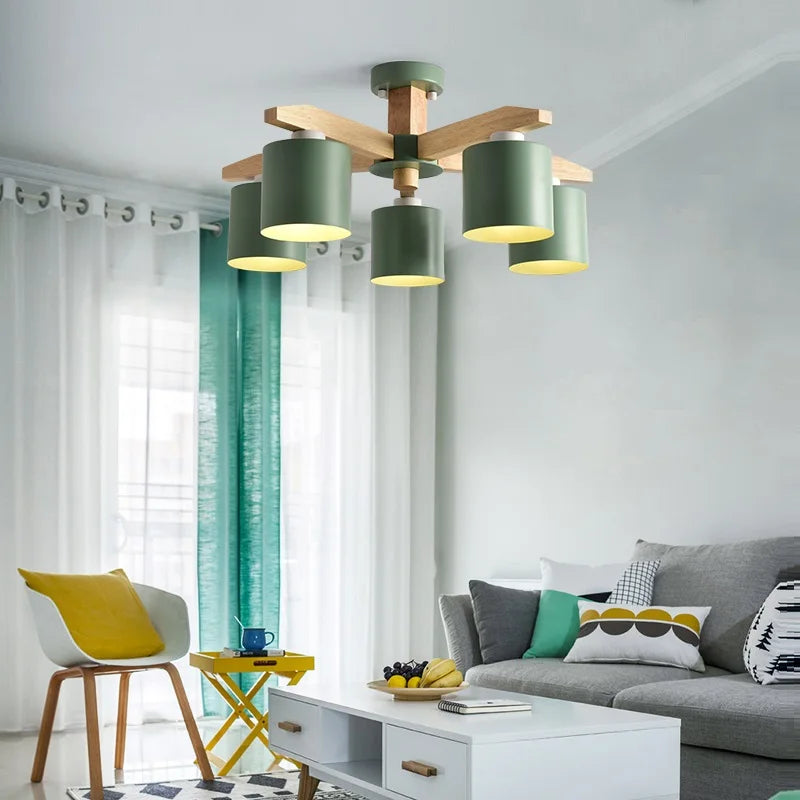 Wooden Chandelier with Iron Lamp Shade – Ideal for Kitchens & Children’s Rooms