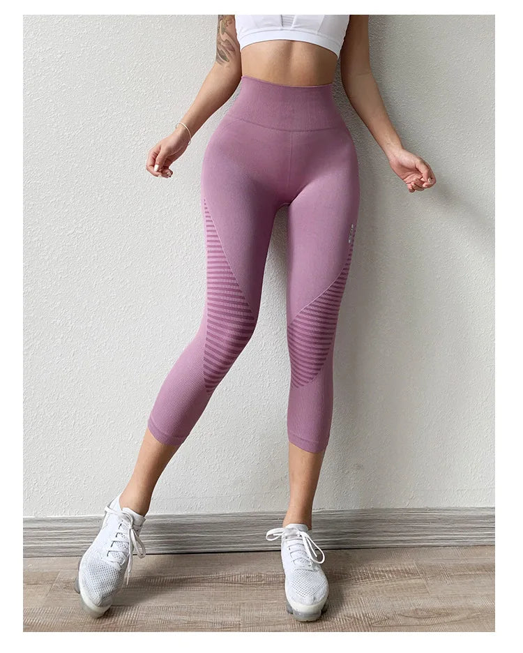 Elevate Your Workout: High Waist Seamless Stripe Leggings for Women - Stylish Crop Yoga Pants & Fitness Tights!