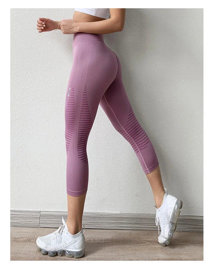 Elevate Your Workout: High Waist Seamless Stripe Leggings for Women - Stylish Crop Yoga Pants & Fitness Tights!