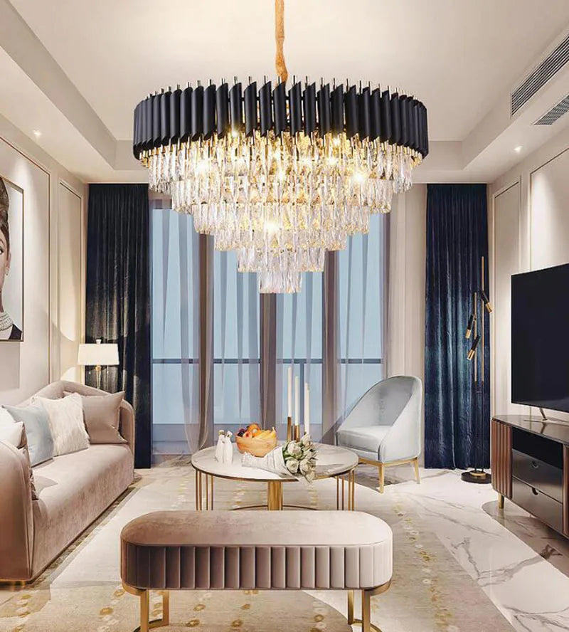 Modern Gold & Black Crystal Chandelier LED Pendant Light for Living Room & Hotel Elegance