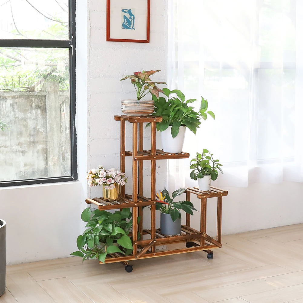 Multi-Layer Wooden Plant Rack with Wheels