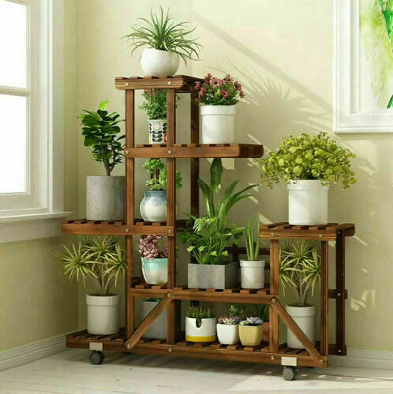 Multi-Layer Wooden Plant Rack with Wheels