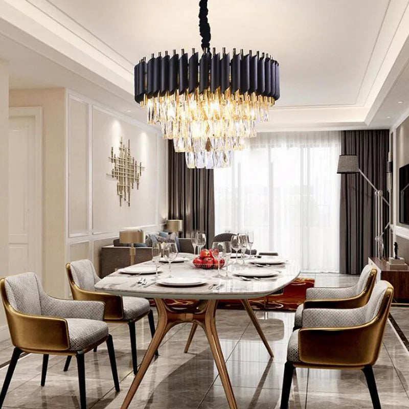 Modern Gold & Black Crystal Chandelier LED Pendant Light for Living Room & Hotel Elegance