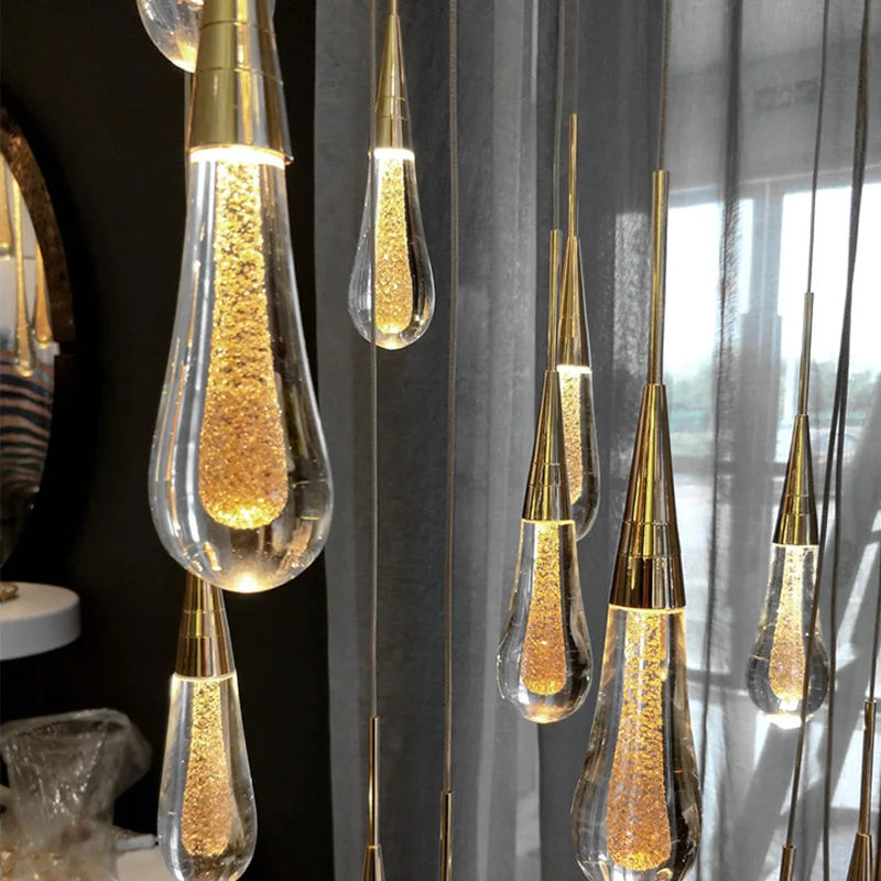 Raindrop Glass Stair Chandelier Perfect for High Ceilings & Luxury Interiors
