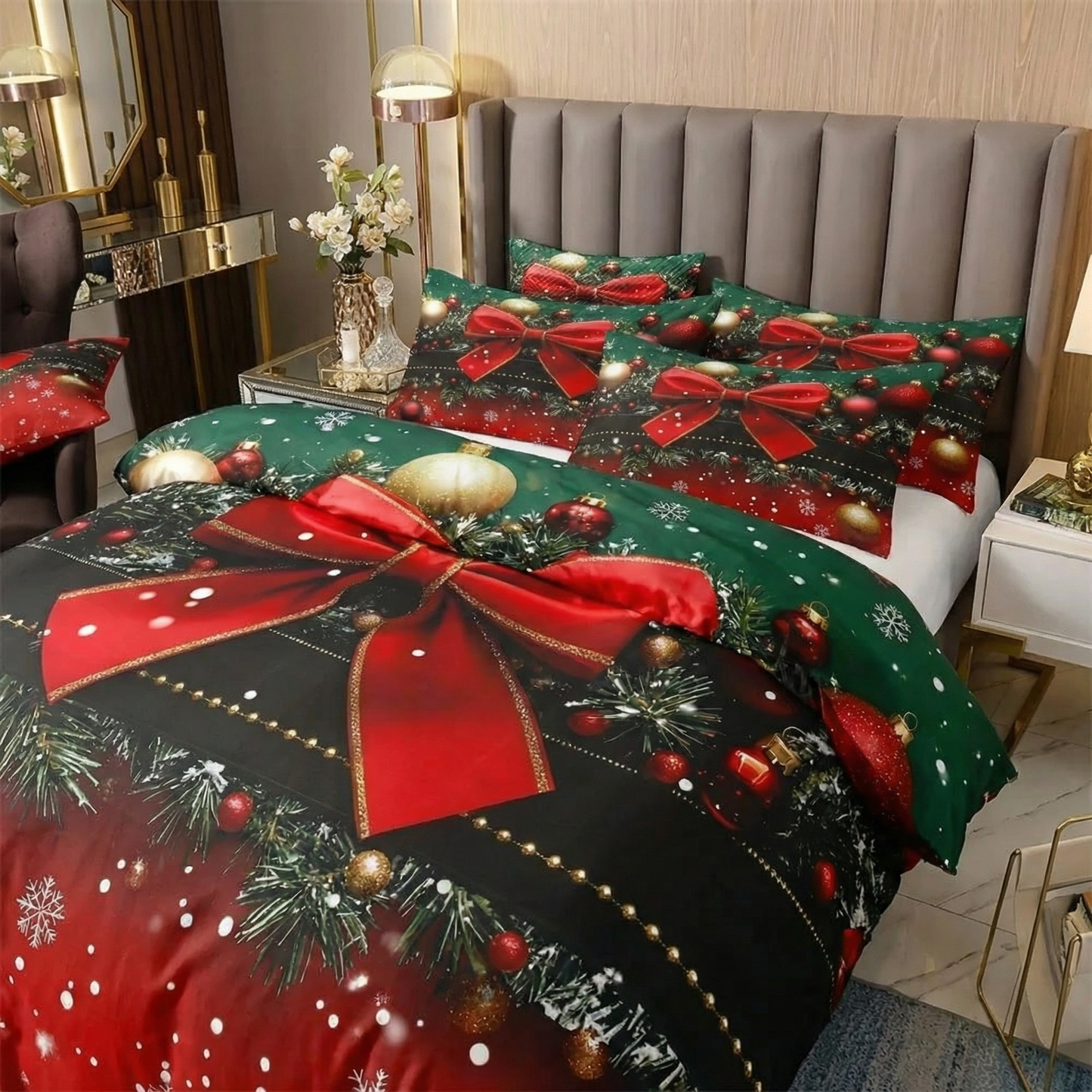 Christmas Bedding Set Green & Red Bow Print Cozy Duvet Cover in All Sizes