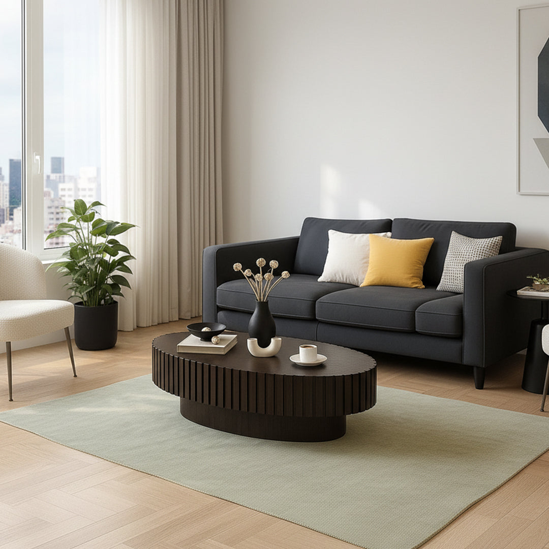 Luxury Oval Coffee Table with Handcrafted Drum Base & Fluted Wood Finish