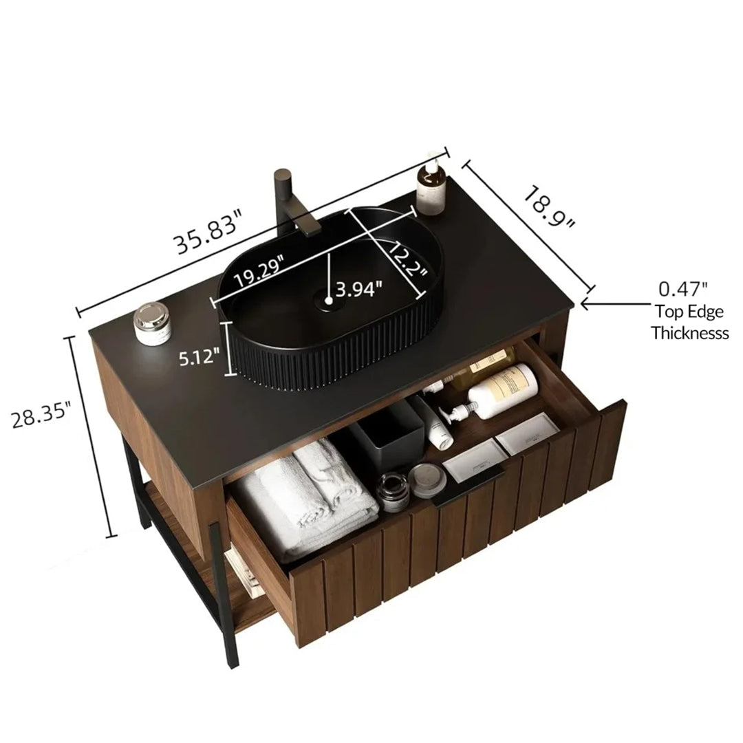 Luxury Bathroom Vanity with Black Ceramic Sink Modern Striped Design & Smart Storage