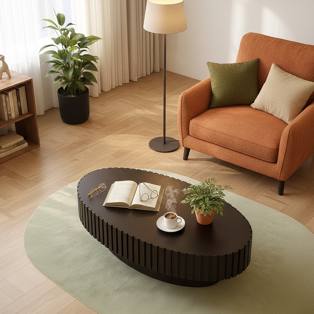 Luxury Oval Coffee Table with Handcrafted Drum Base & Fluted Wood Finish