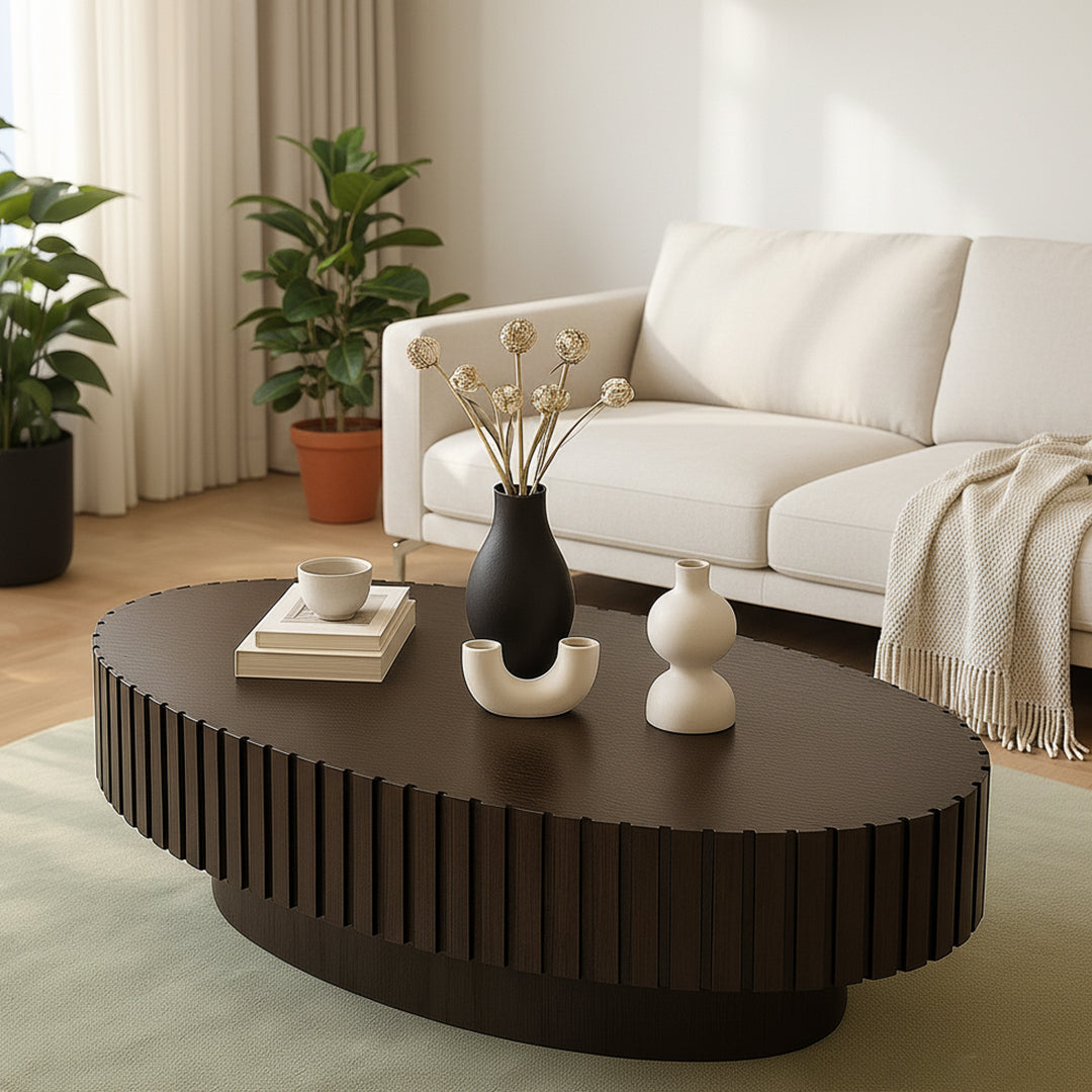 Luxury Oval Coffee Table with Handcrafted Drum Base & Fluted Wood Finish