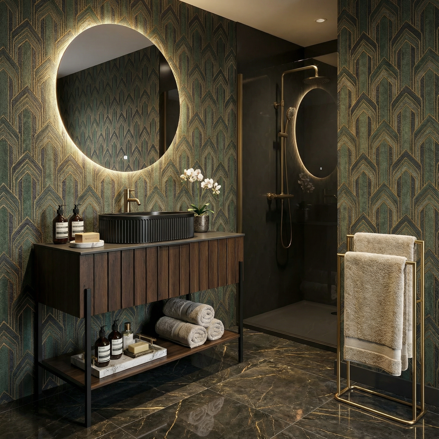 Luxury Bathroom Vanity with Black Ceramic Sink Modern Striped Design & Smart Storage