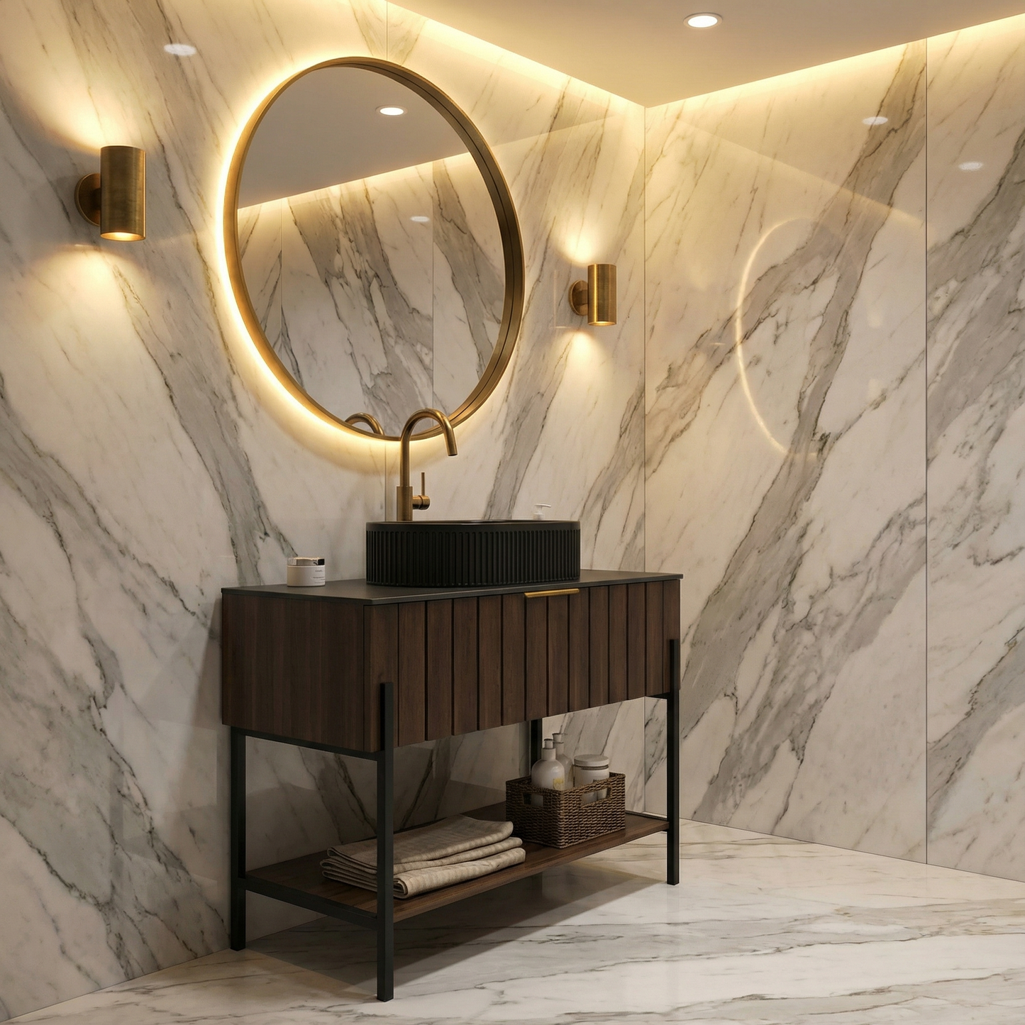 Luxury Bathroom Vanity with Black Ceramic Sink Modern Striped Design & Smart Storage