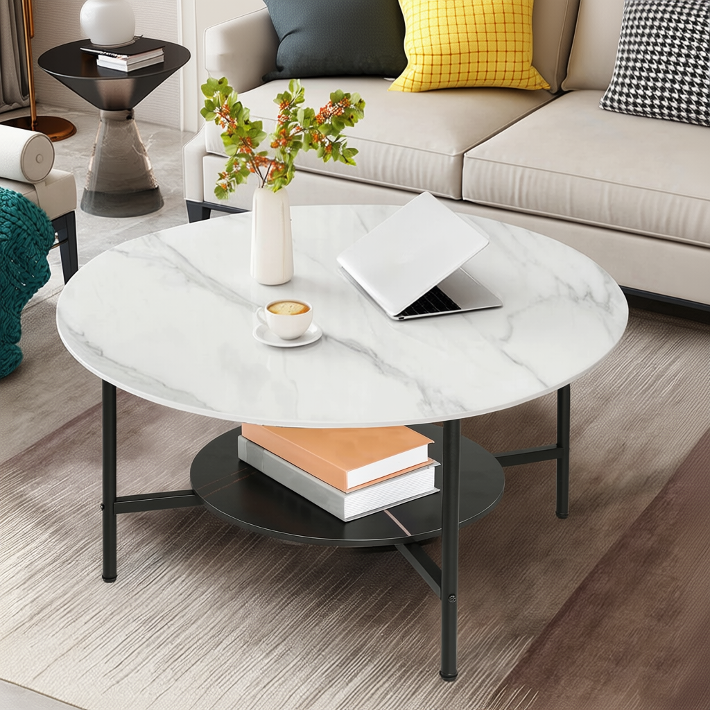 Luxury White Marble Round Coffee Table with Storage for Living Room