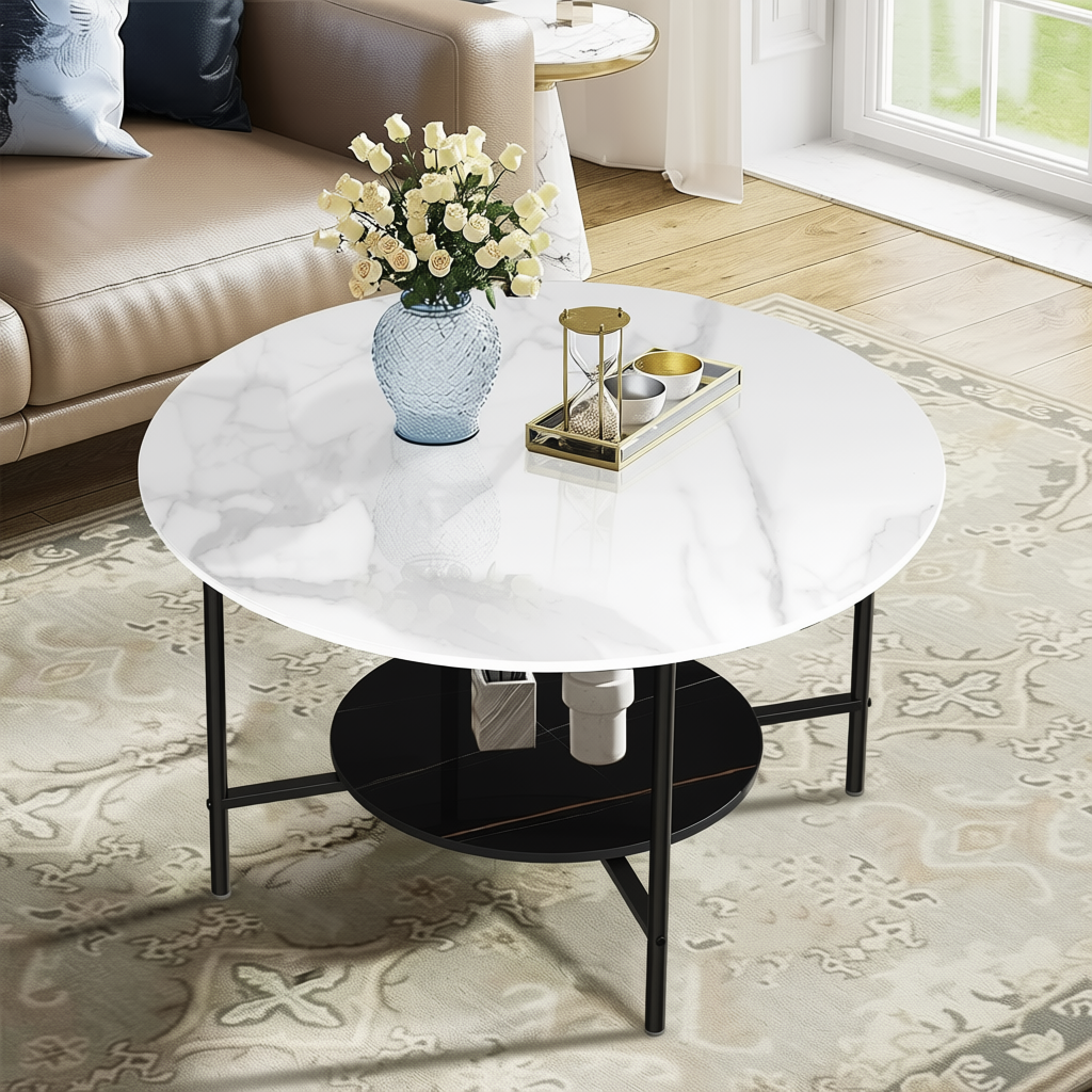 Luxury White Marble Round Coffee Table with Storage for Living Room