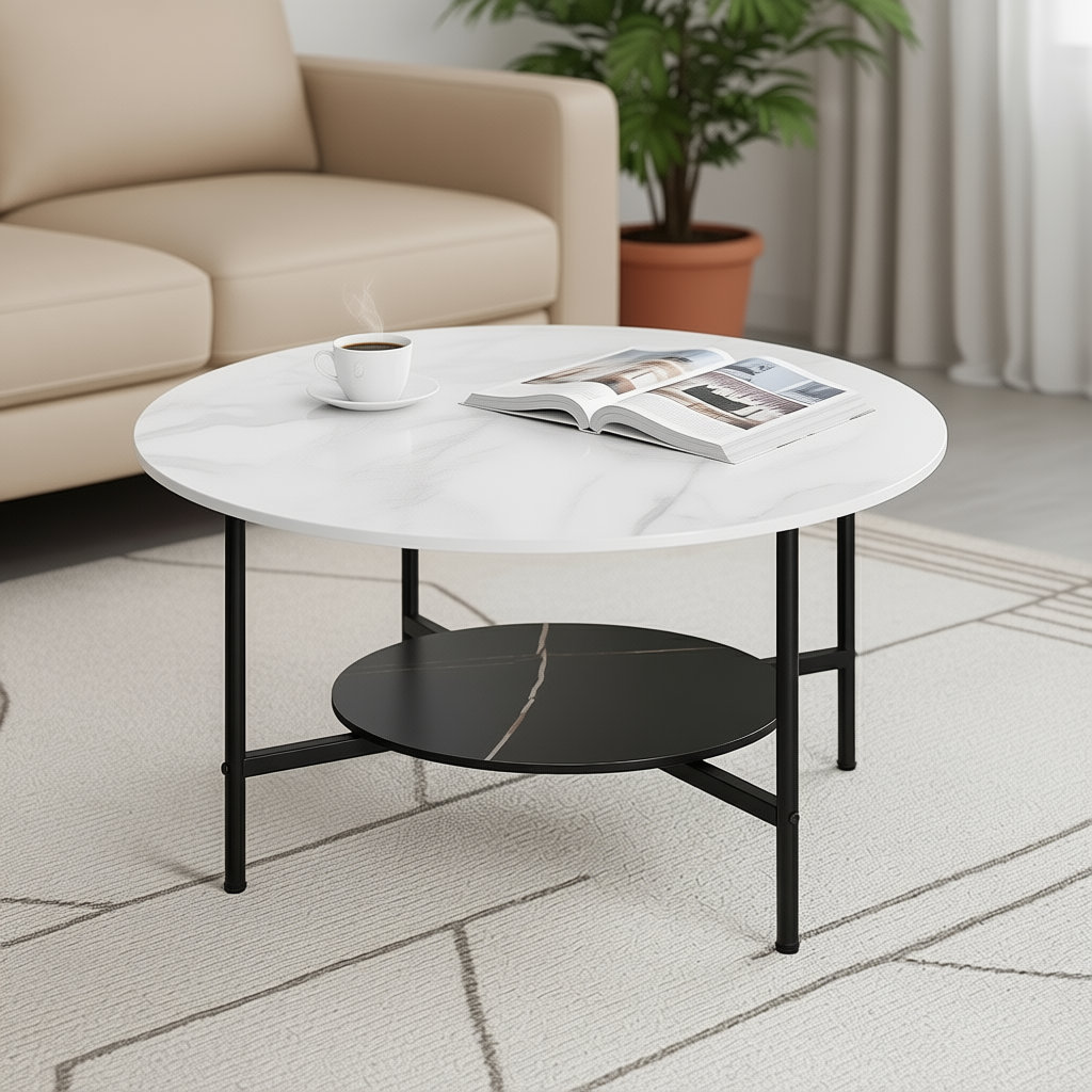 Luxury White Marble Round Coffee Table with Storage for Living Room