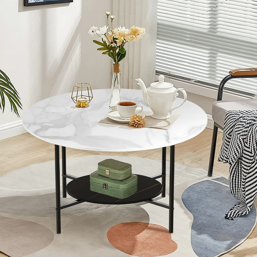 Luxury White Marble Round Coffee Table with Storage for Living Room