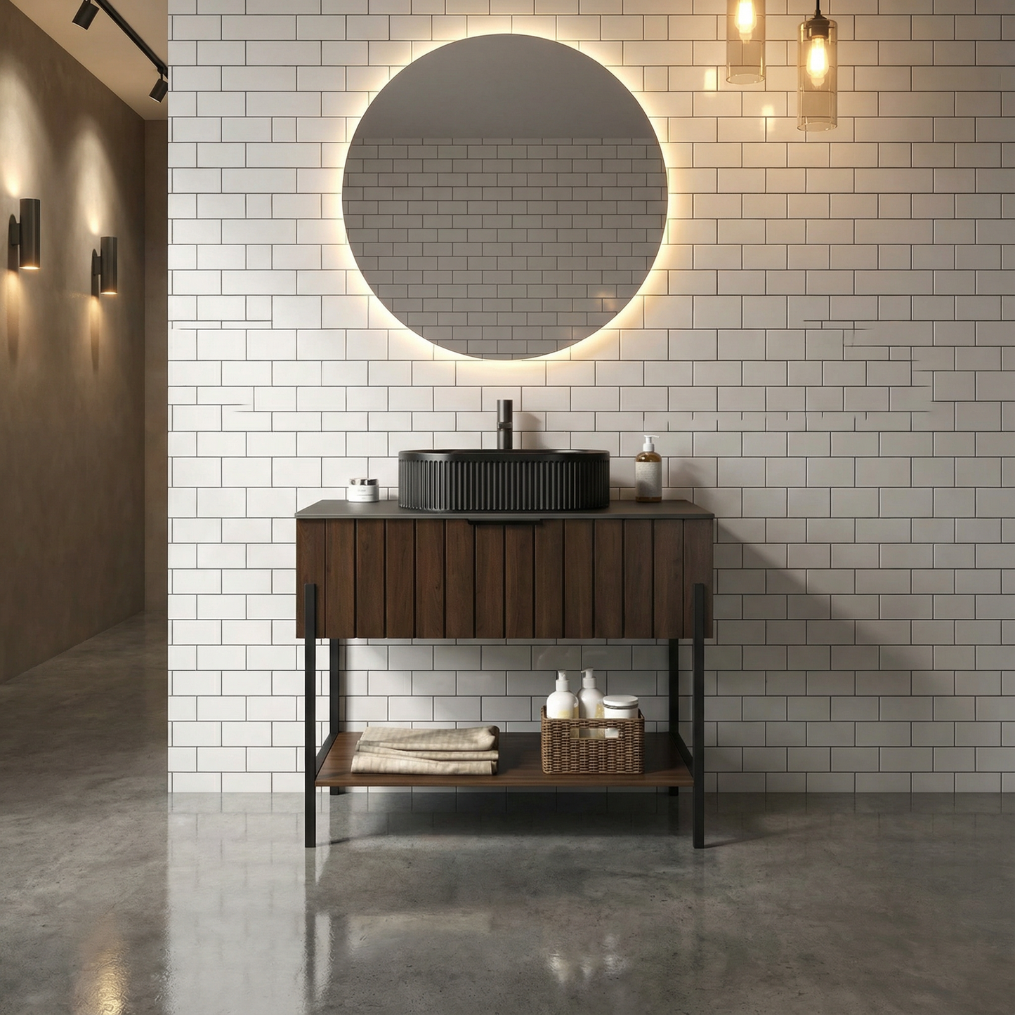 Luxury Bathroom Vanity with Black Ceramic Sink Modern Striped Design & Smart Storage