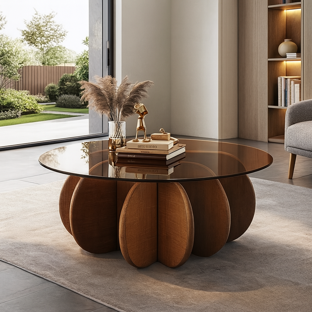 Modern Round Coffee Table With Solid Wood Legs for Living Room