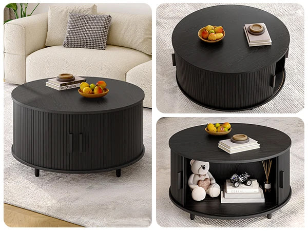 Round Coffee Table With 360° Curved Sliding Door For Modern Living Rooms