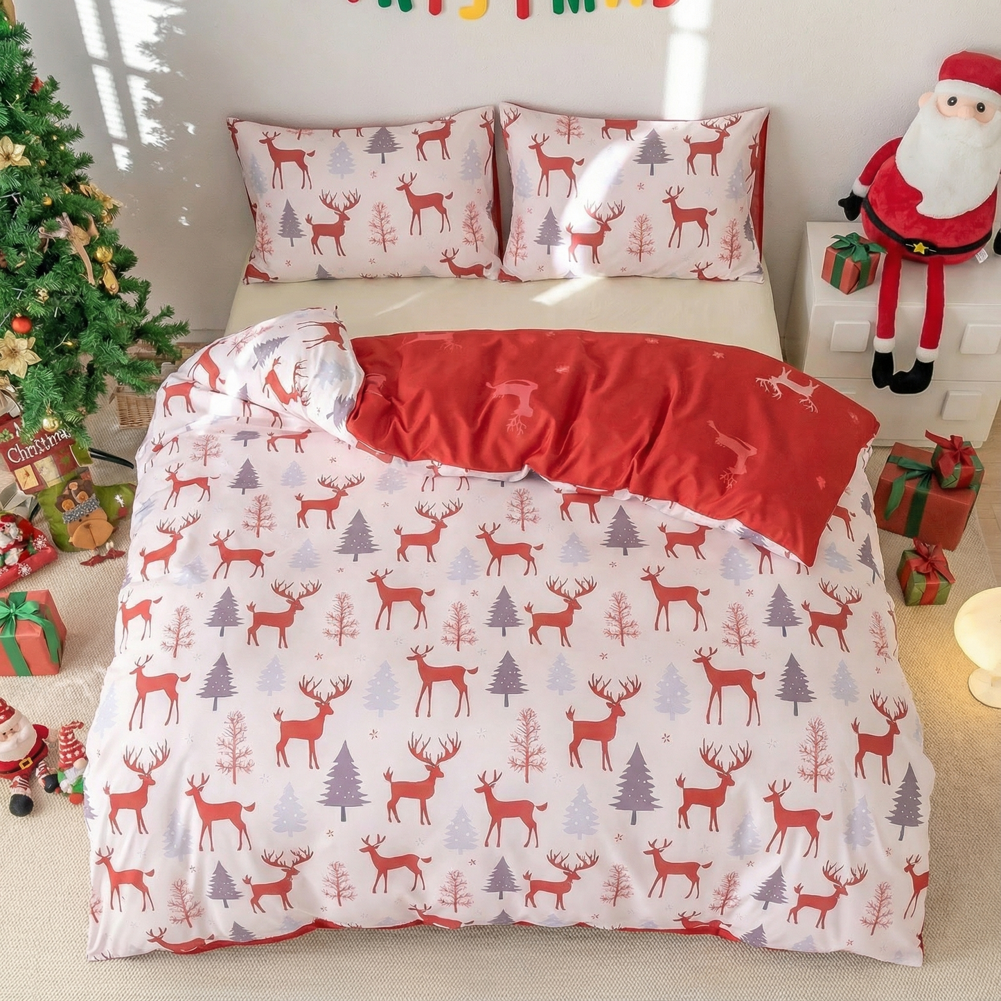 Skin Friendly Christmas Bedding Reindeer & Snowman 3PCS Duvet Cover Set