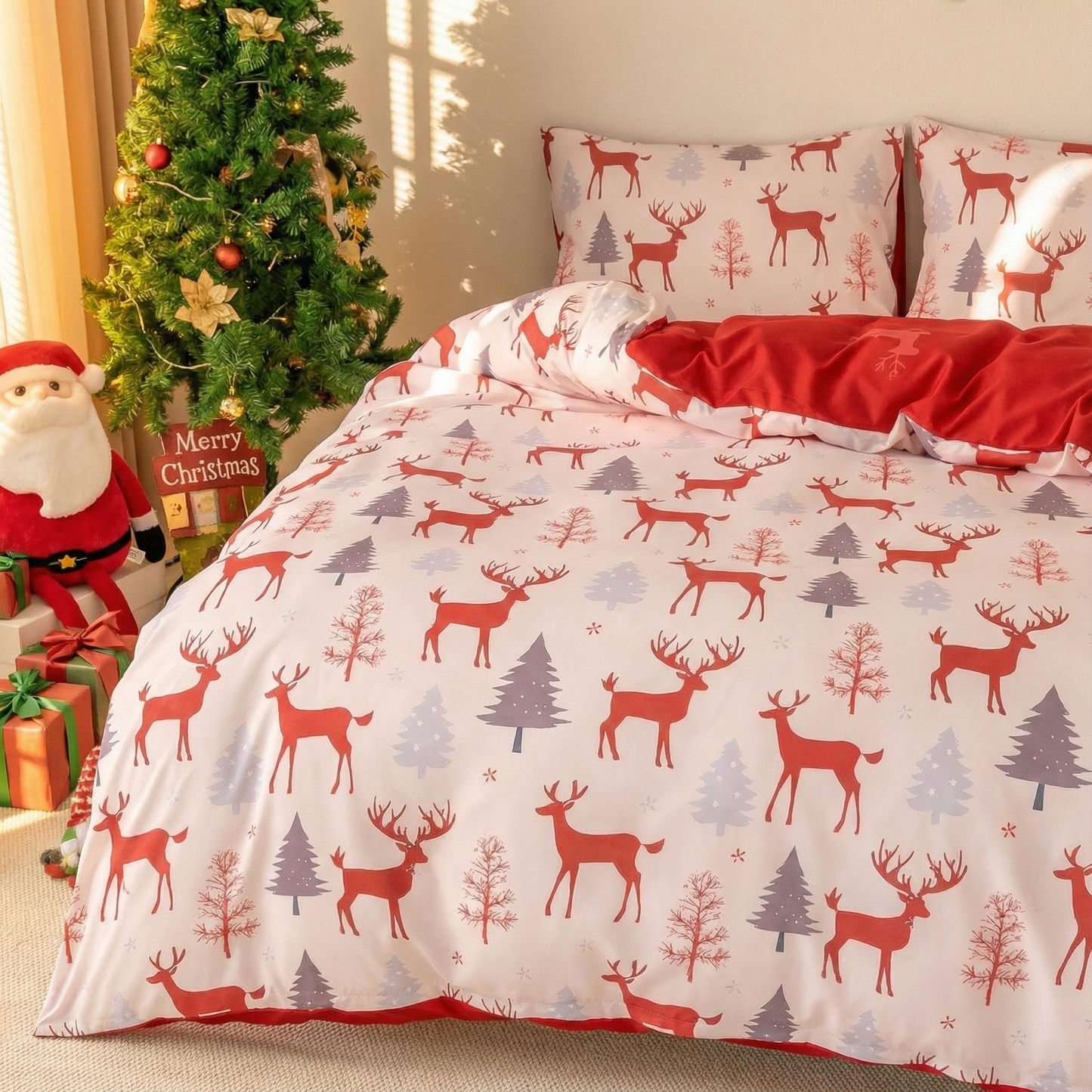 Skin Friendly Christmas Bedding Reindeer & Snowman 3PCS Duvet Cover Set