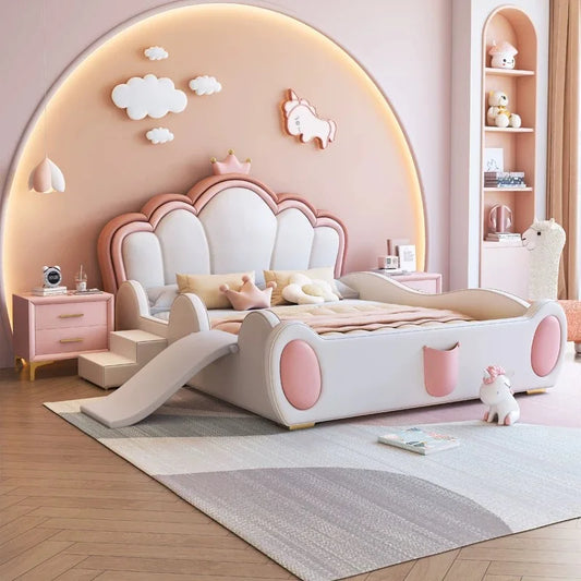 Luxury Queen Size Bed with Slide for Kids Adorable Pink & Blue Designs for Dream Bedrooms