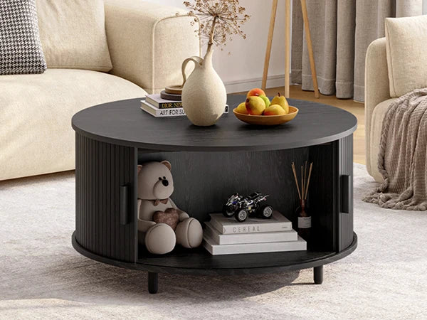 Round Coffee Table With 360° Curved Sliding Door For Modern Living Rooms