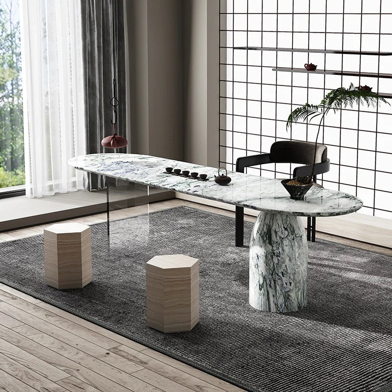Oval Natural Stone Table with Solid Base Elegant Acrylic Floating Marble Desk for Home & Office