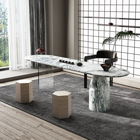 Oval Natural Stone Table with Solid Base Elegant Acrylic Floating Marble Desk for Home & Office