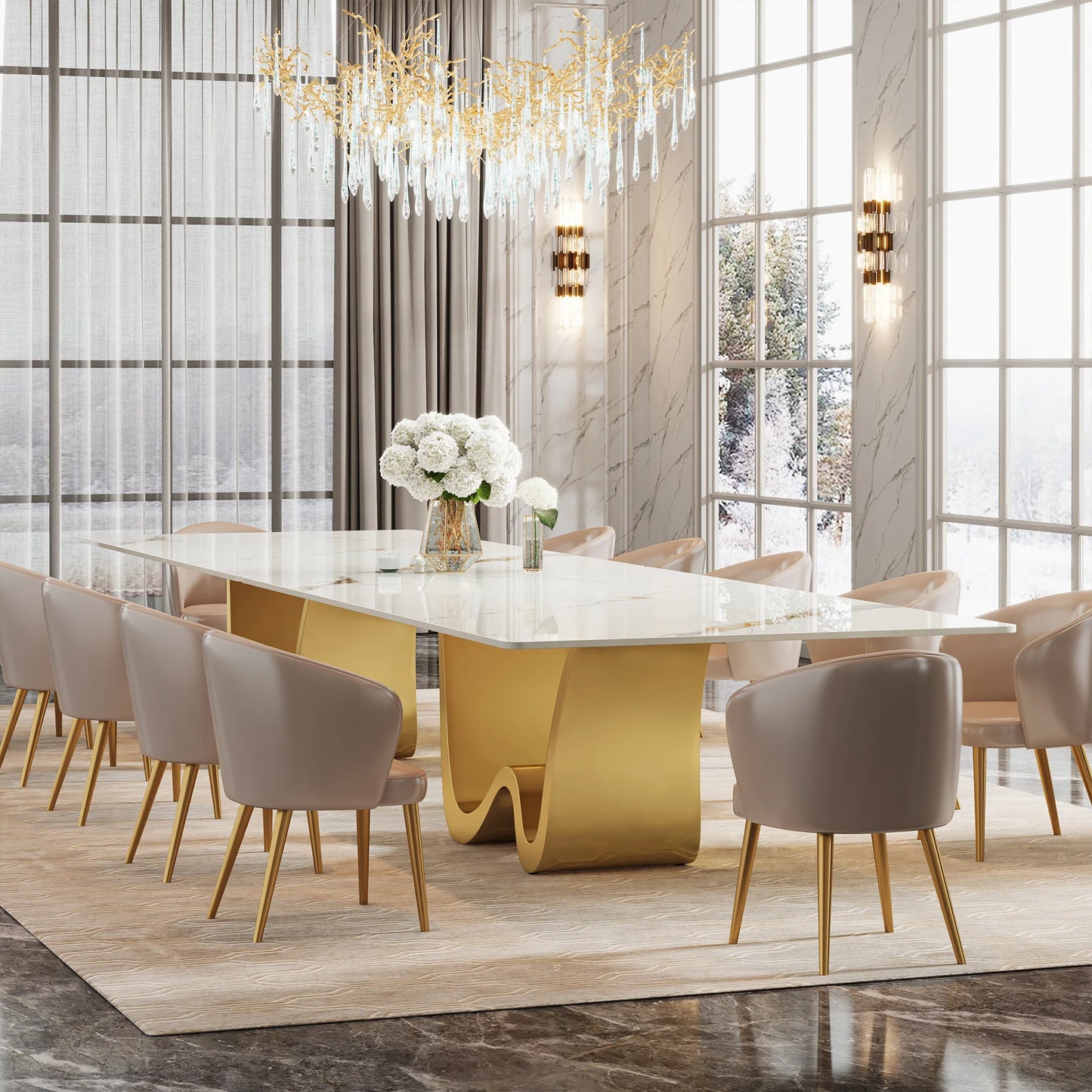 Luxury Tribesigns Sintered Stone Dining Table Sleek White Surface & Gold Base for Modern Kitchens & Luxury Homes