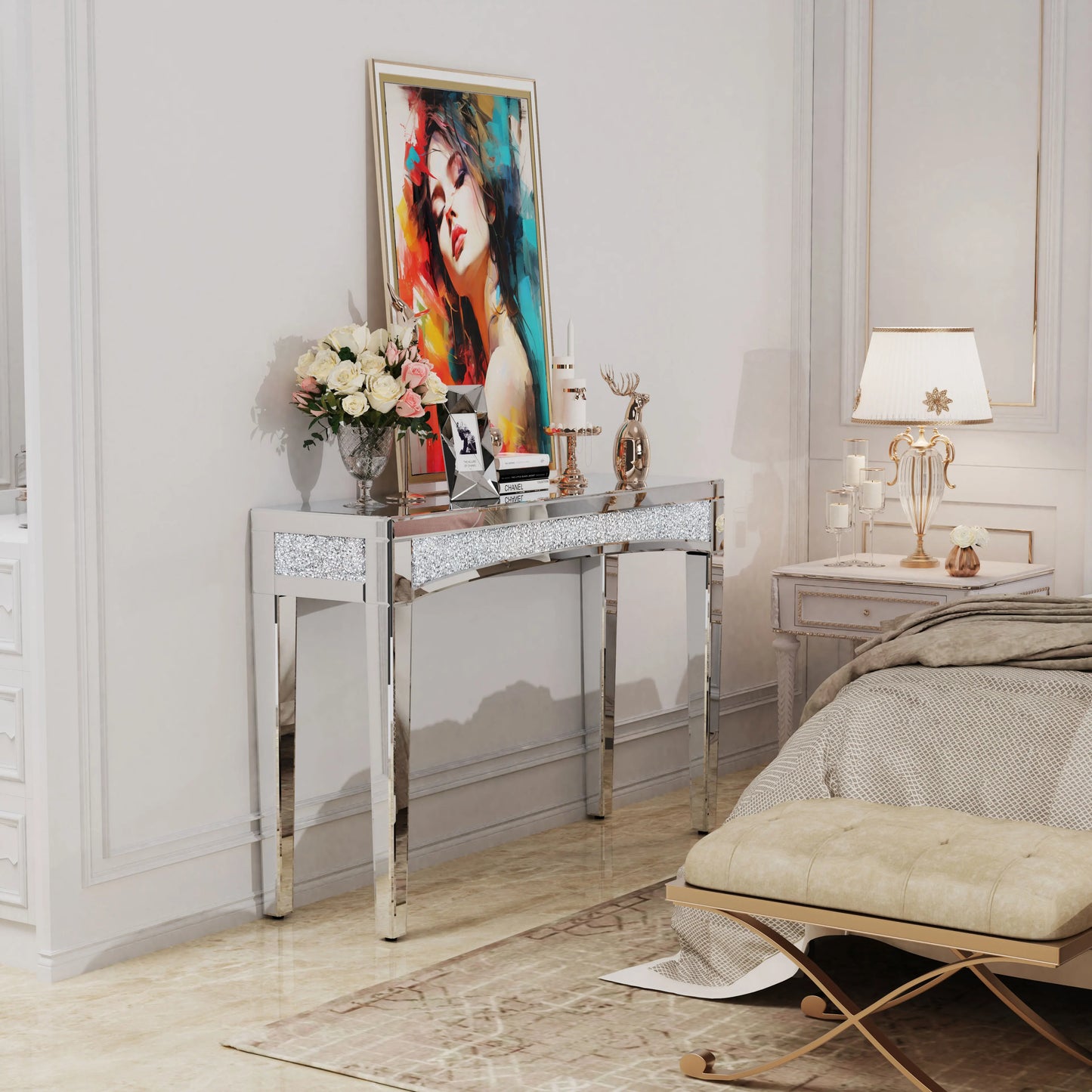 Silver Mirror Sofa Table with Sparkling Crystals