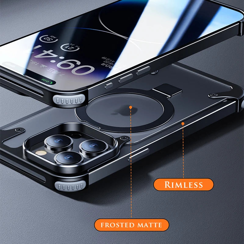 Sleek & Sturdy: Aluminum Alloy Magnetic Stand Rimless Phone Case for iPhone 13, 14, 15 Pro Max & 15 Plus!