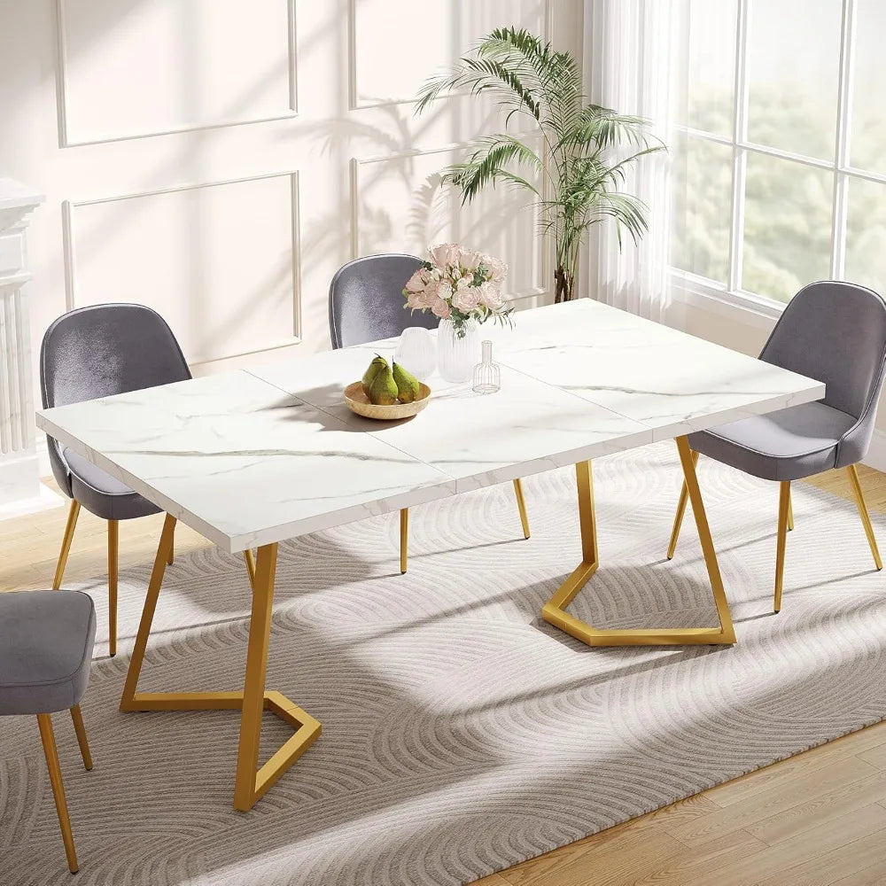 Luxury Gold Dining Table – 55” Modern White Faux Marble Kitchen Table for 6