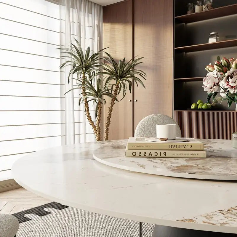 Black Round Dining Table with Sintered Stone Top & Lazy Susan for Living Room