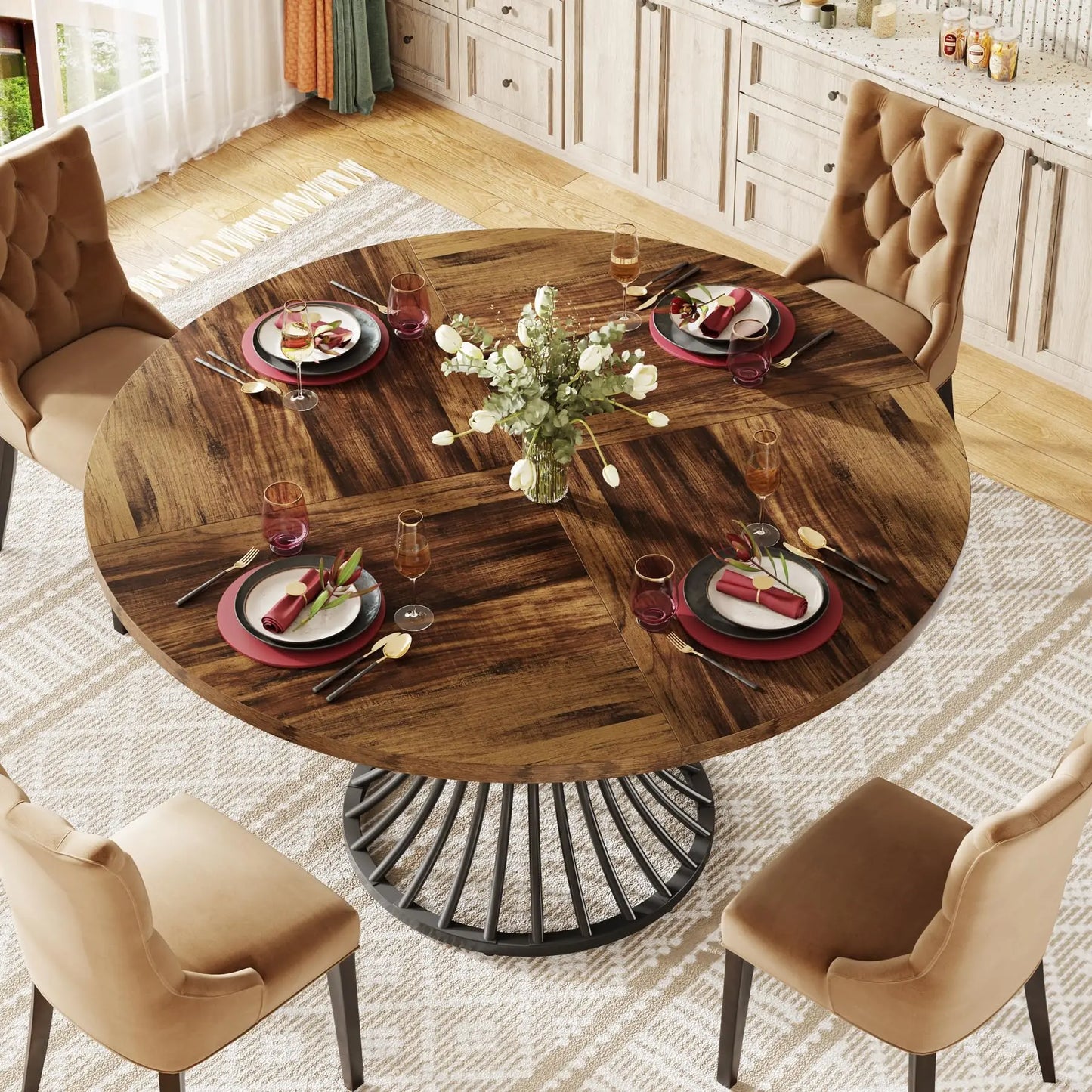 Tribesigns Circle Dining Table – 47-Inch Industrial Farmhouse Table for Kitchen & Dining