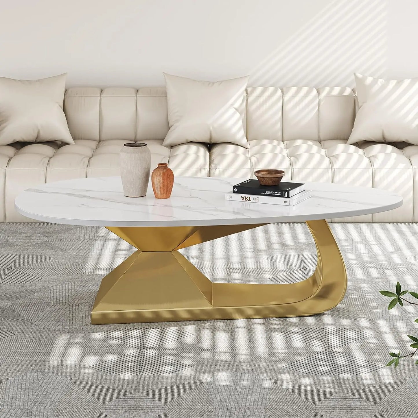 Modern Oval Stone Coffee Table Elegant Gray Metal Base Centerpiece for Luxury Living Rooms