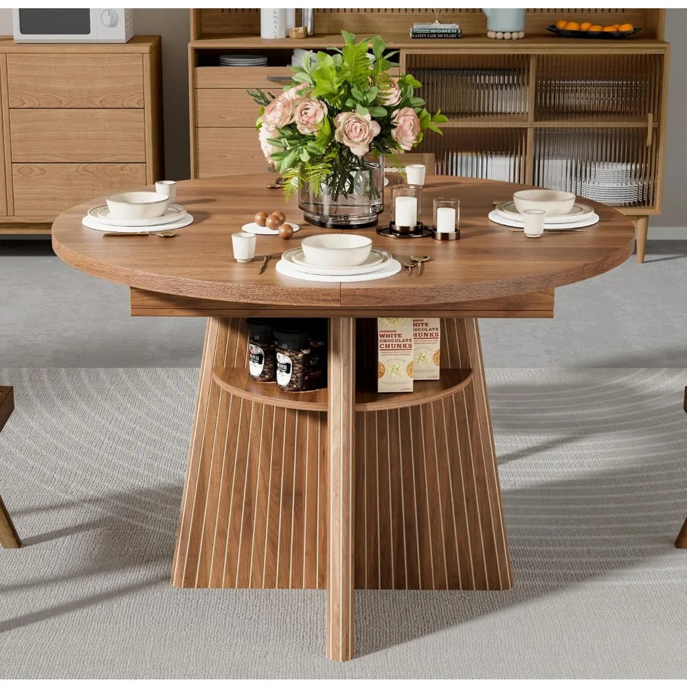 Modern Wooden Expandable Dining Table with Fluted Base Perfect for Family Gatherings & Dinner Parties