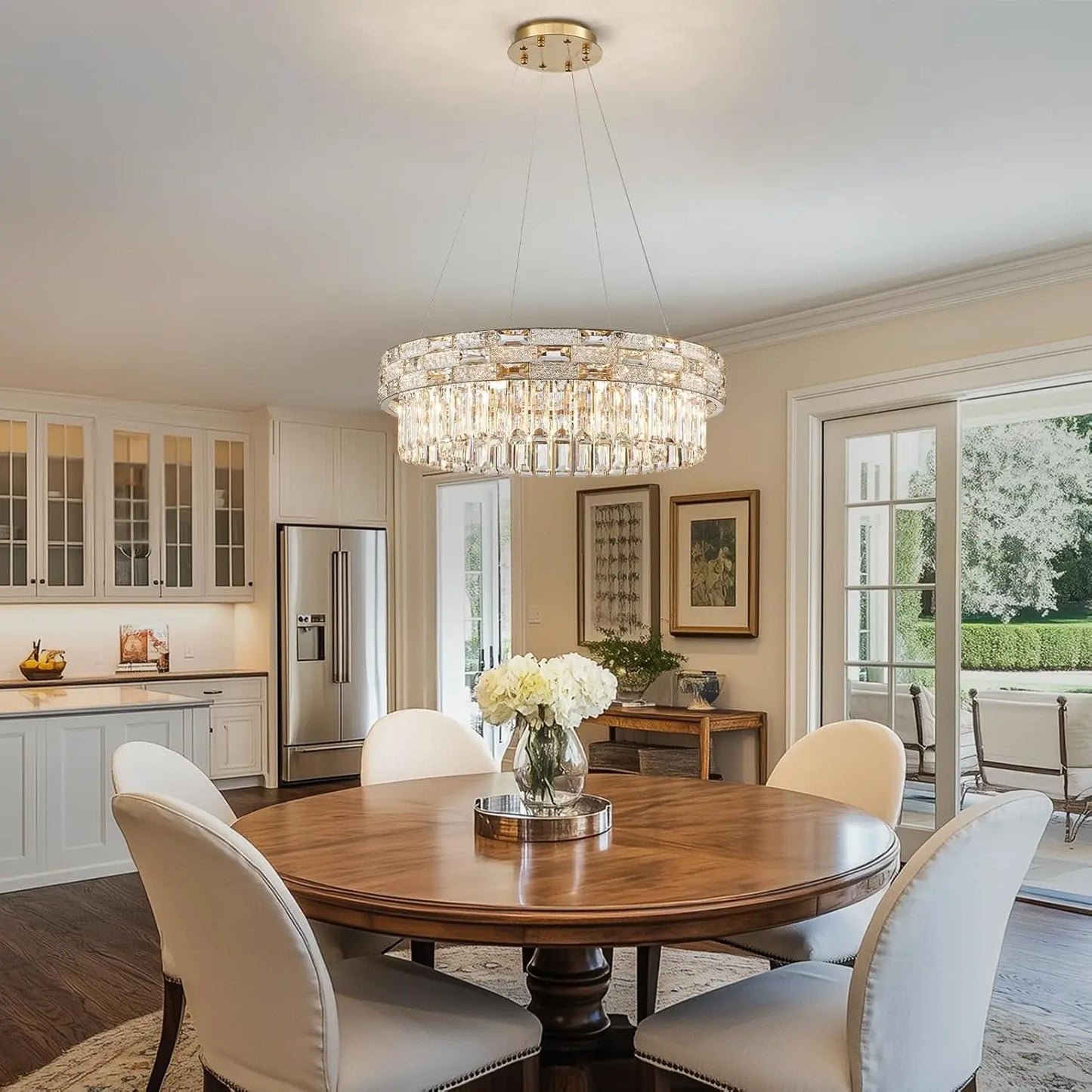 Modern Gold Crystal Chandelier Large LED Pendant Light Perfect for Dining Rooms & Living Spaces