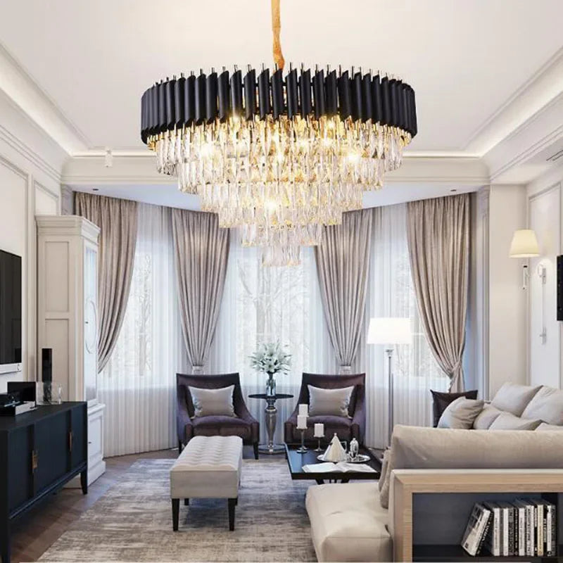 Modern Gold & Black Crystal Chandelier LED Pendant Light for Living Room & Hotel Elegance