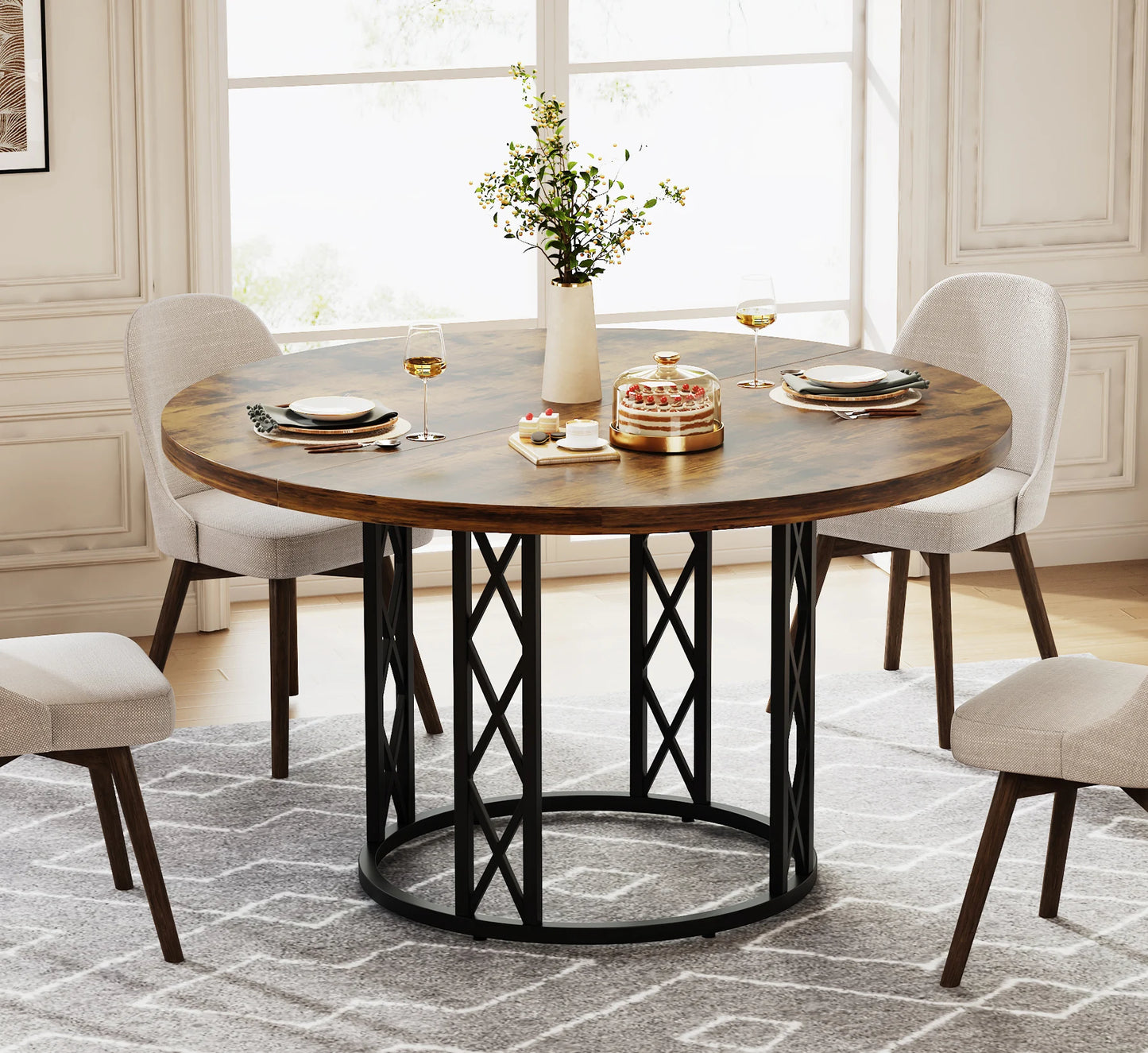 Tribesigns Circle Dining Table – 47-Inch Industrial Farmhouse Table for Kitchen & Dining