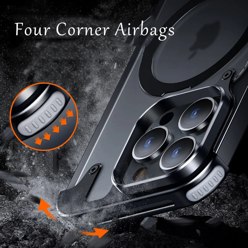 Sleek & Sturdy: Aluminum Alloy Magnetic Stand Rimless Phone Case for iPhone 13, 14, 15 Pro Max & 15 Plus!