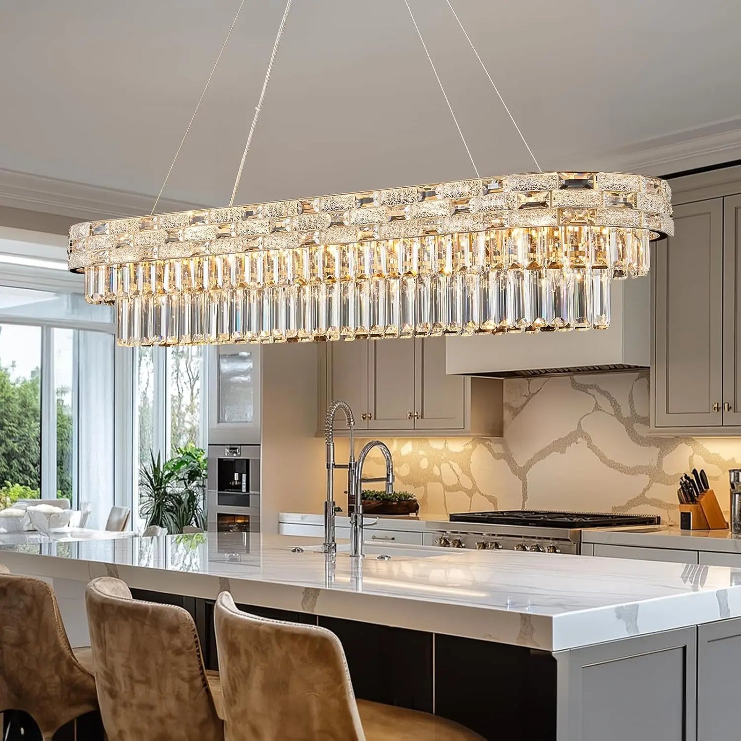 Modern Gold Crystal Chandelier Large LED Pendant Light Perfect for Dining Rooms & Living Spaces
