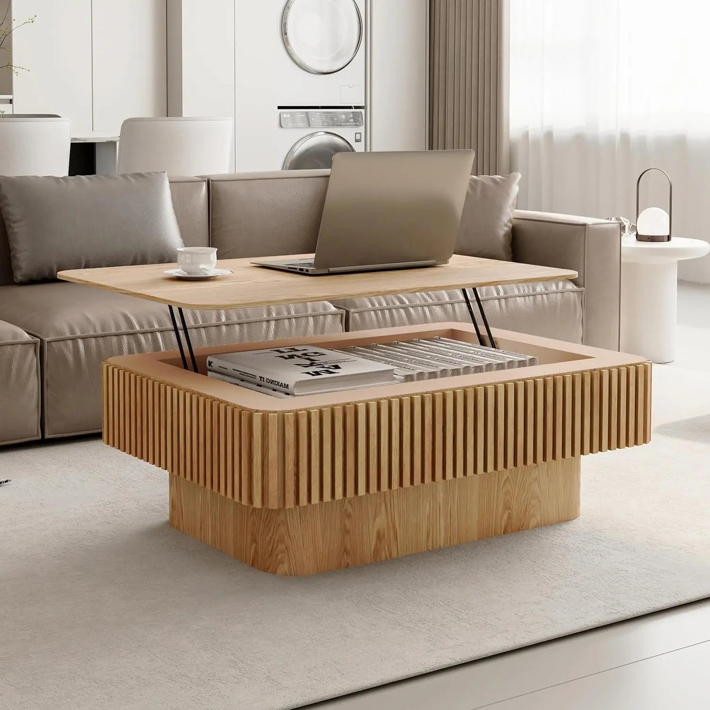 Modern Fluted Square Lift Top Coffee Table with Smart Hidden Storage for Modern Interiors